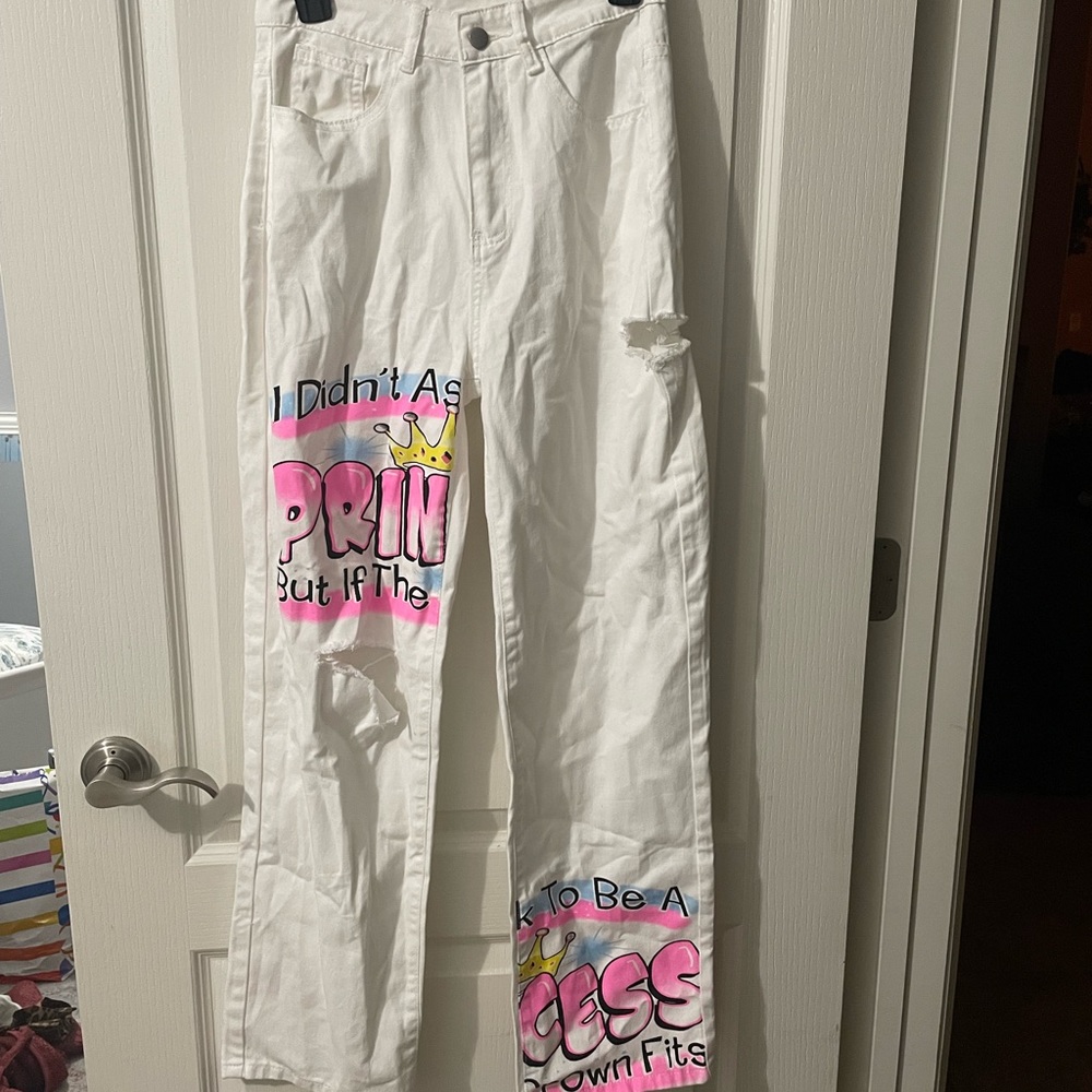 SHEIN xs white graphic jeans